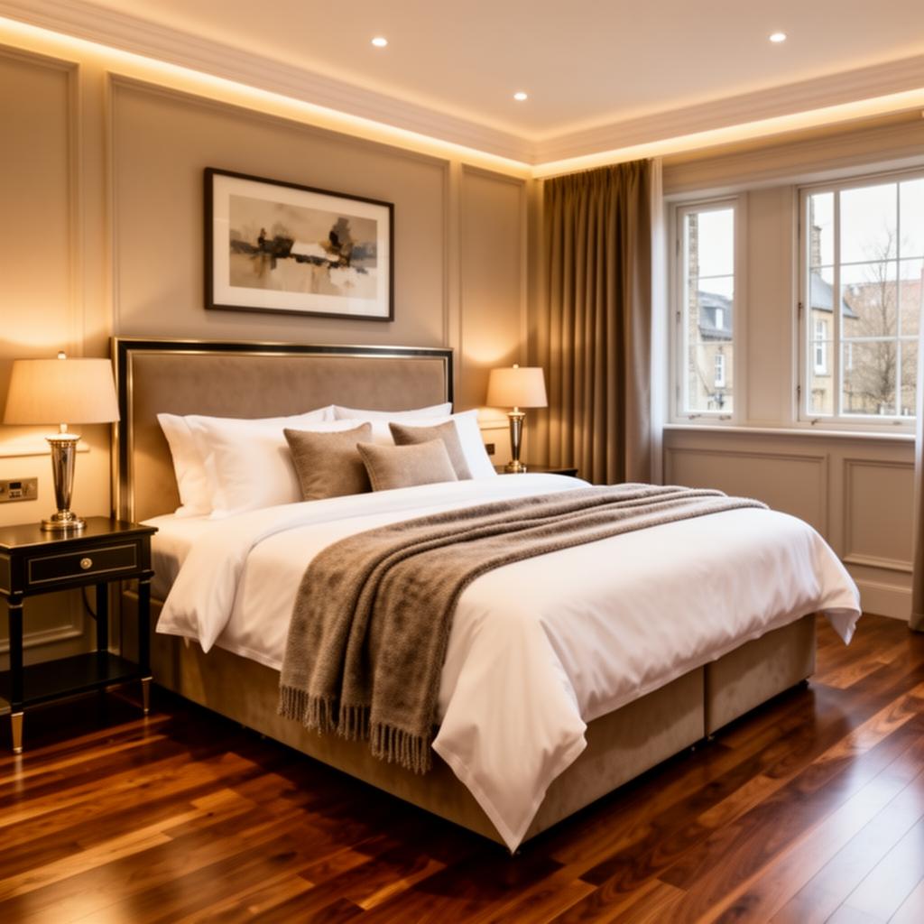 Hotel-grade master bedroom with king bed and warm ambient lighting