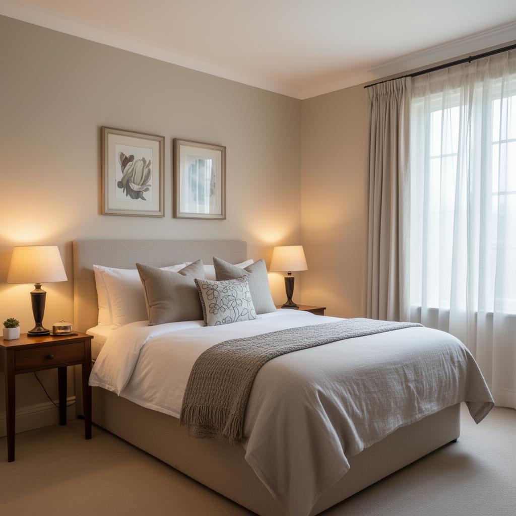 Elegant second bedroom with queen bed and neutral palette