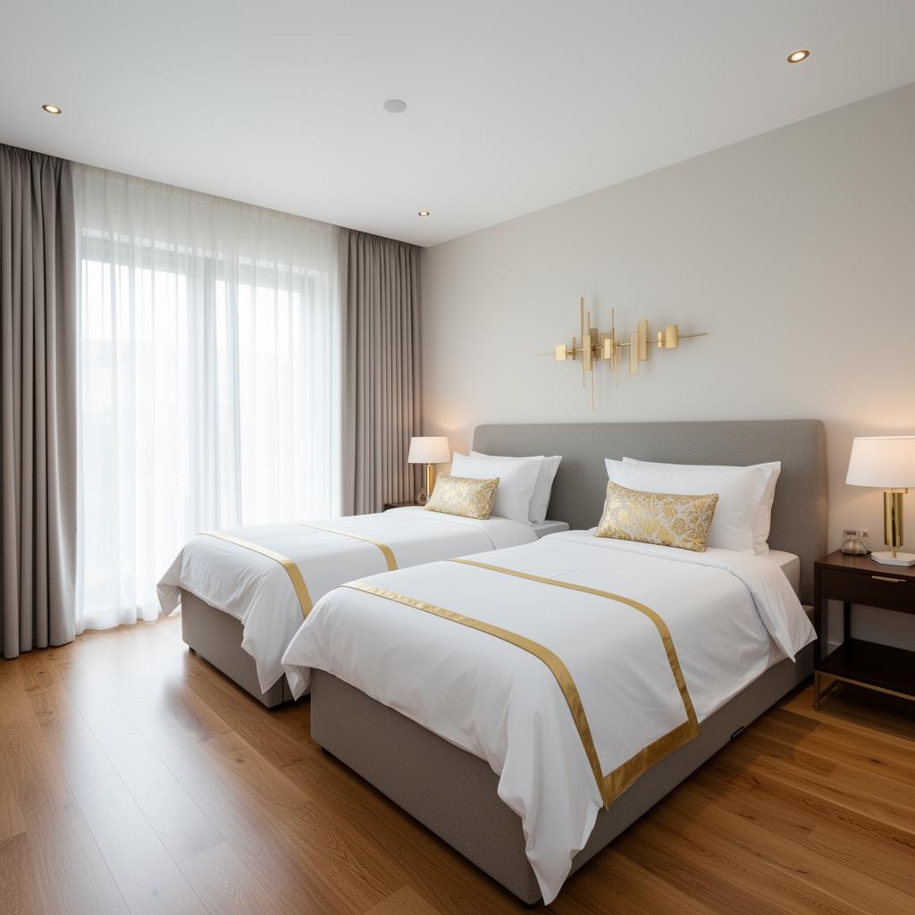 Stylish third bedroom with twin beds and gold accents